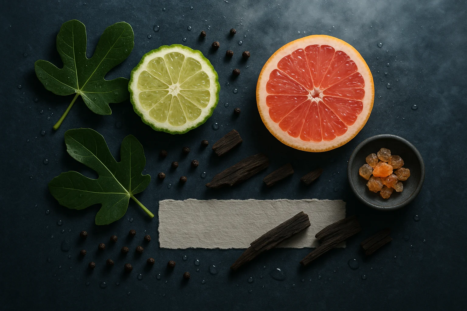 نتهای مرکباتی و چوبی دیلان بلو از نمای نزدیک ترکیب مرکبات، برگ انجیر، فلفل سیاه، چوب و رزین روی پسزمینه تیره، الهام از نتهای ورساچه دیلان بلو