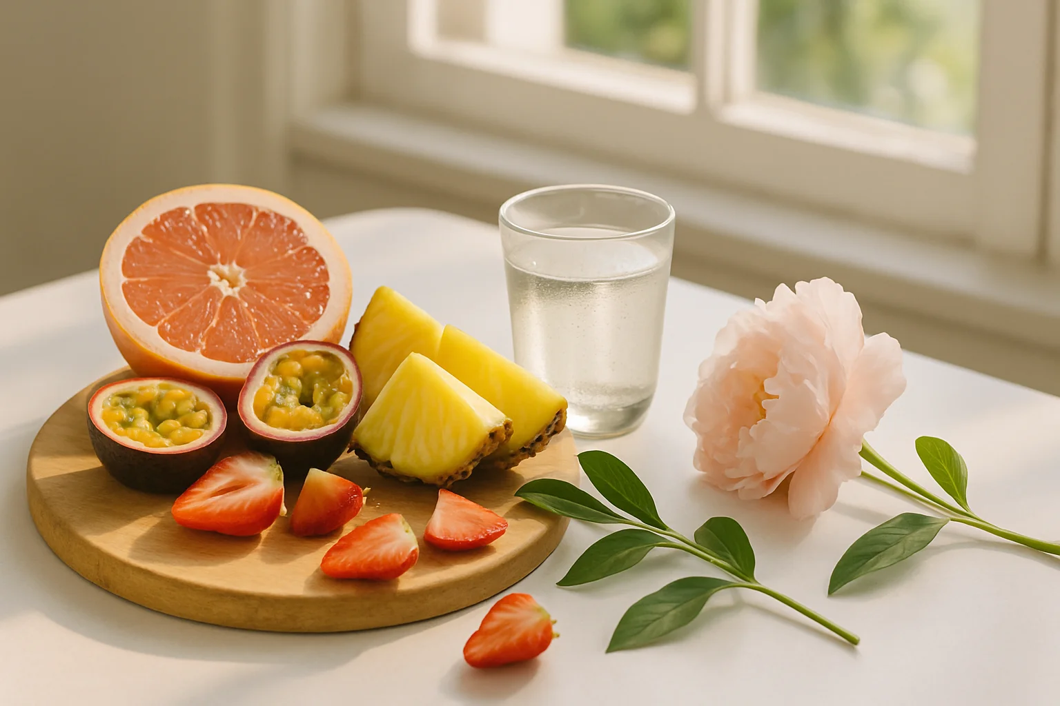 نتهای میوهای و گلی عطر ویکتوریا سکرت بامب شل چیدمان هنری از گریپفروت، میوه شور، آناناس، توتفرنگی و یک گل صدتومانی روی میز روشن که نتهای میوهای–گلی خنک عطر بامب شل ویکتوریا سکرت را تداعی میکند
