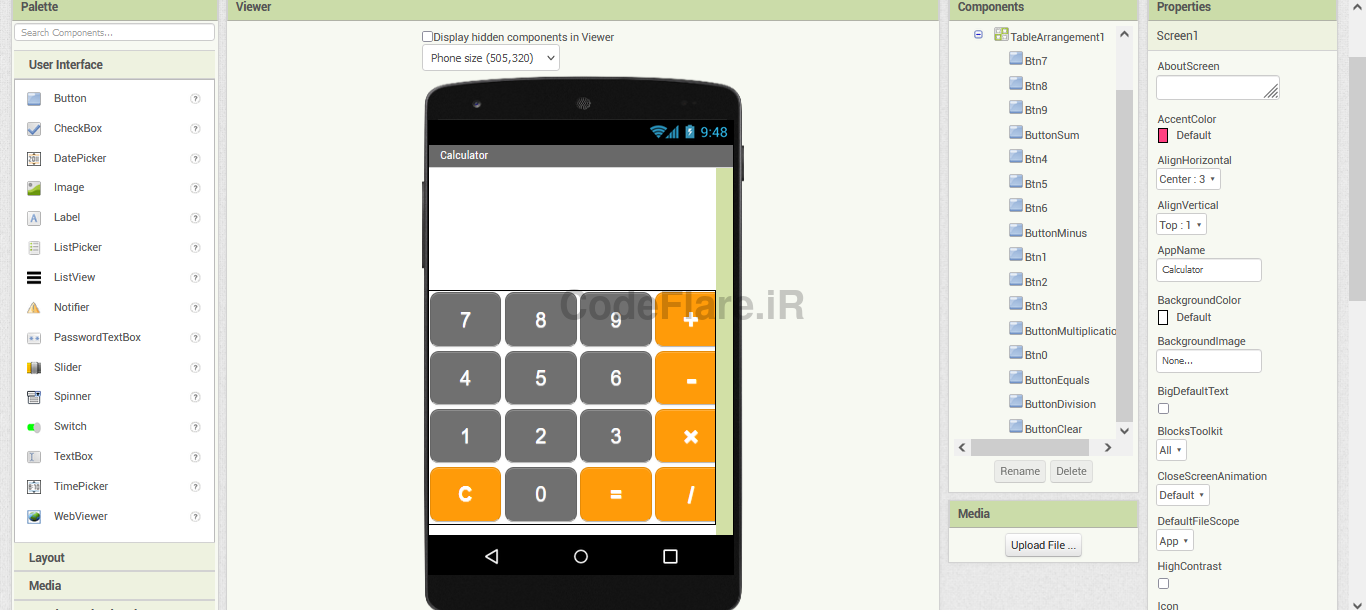 تصویر پروژه ماشین حساب پیاده سازی شده با App Inventor