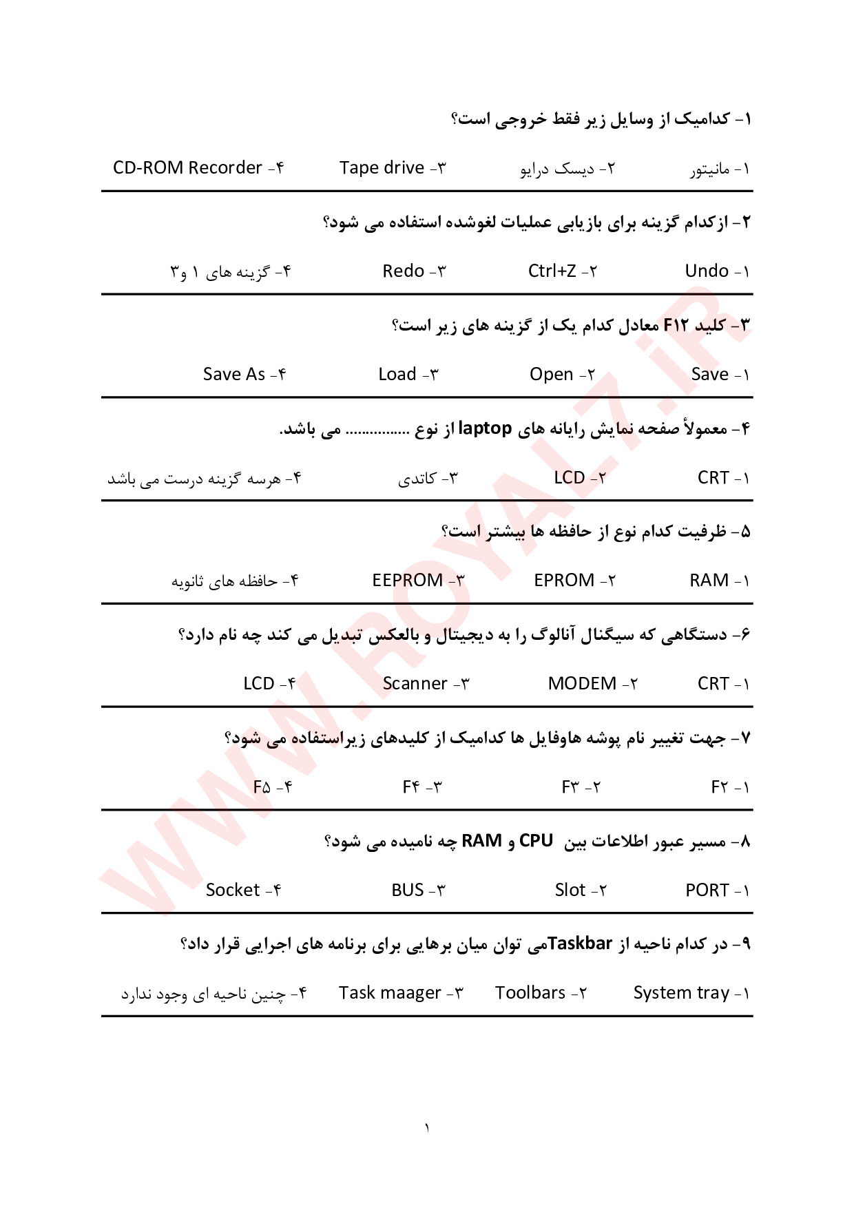 دانلود 1035 نمونه سوال کاربر رایانه فنی حرفه ای