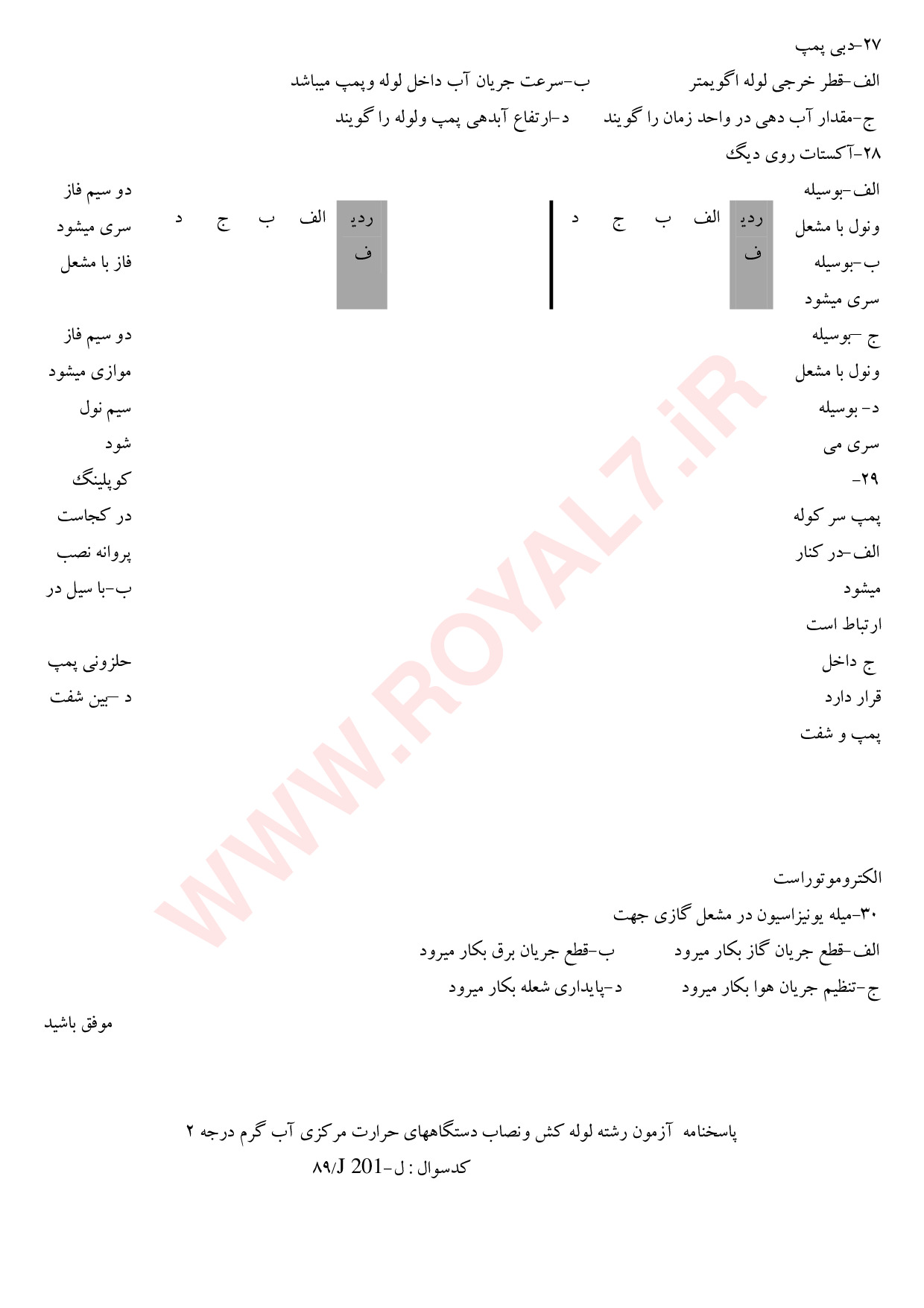 نمونه سوالات لوله کش و نصاب دستگاه های حرارت مرکزی آب گرم درجه 2 فنی حرفه ای با جواب
