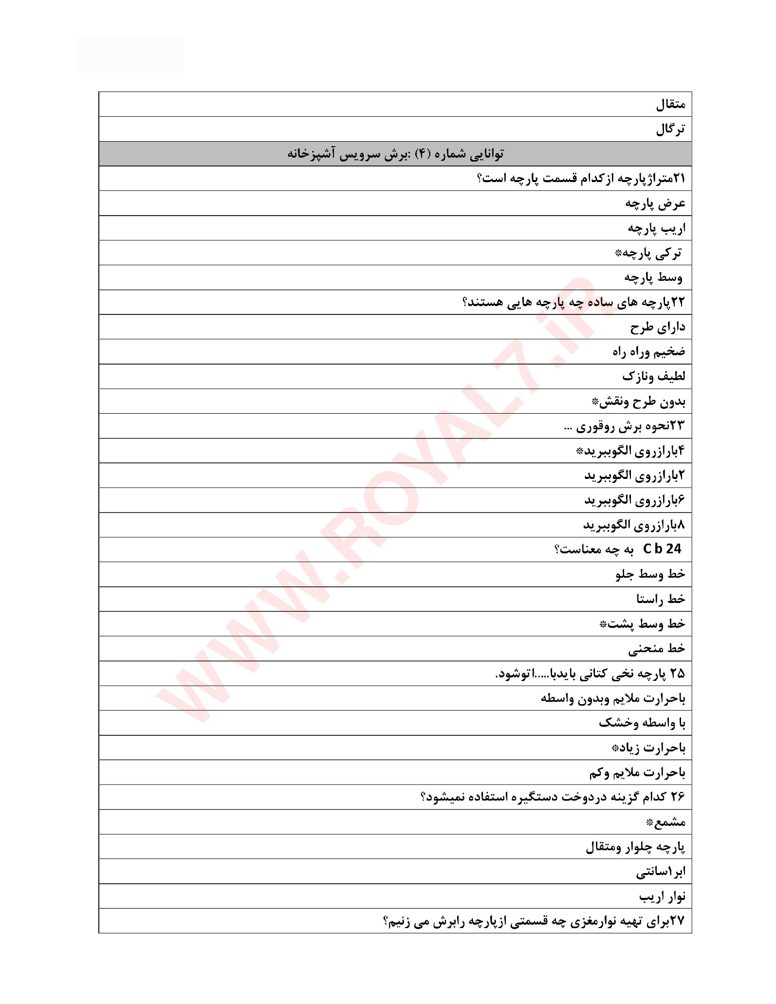 دانلود 90 نمونه سوال دوخت سرویس آشپزخانه فنی حرفه ای
