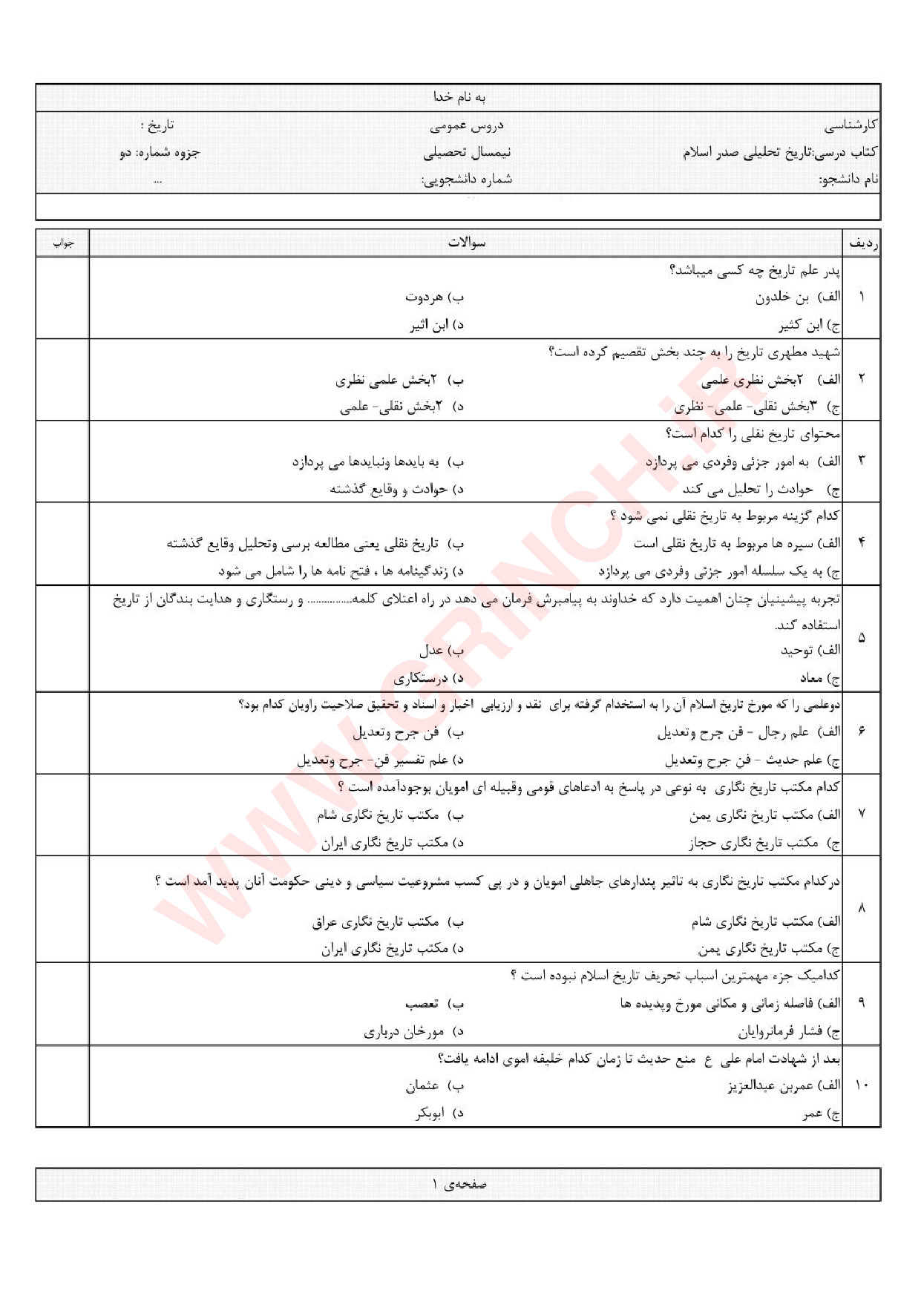 دانلود جزوه و نمونه سوالات تاریخ تحلیلی اسلام محمد نصیری (ویرایش 1403)