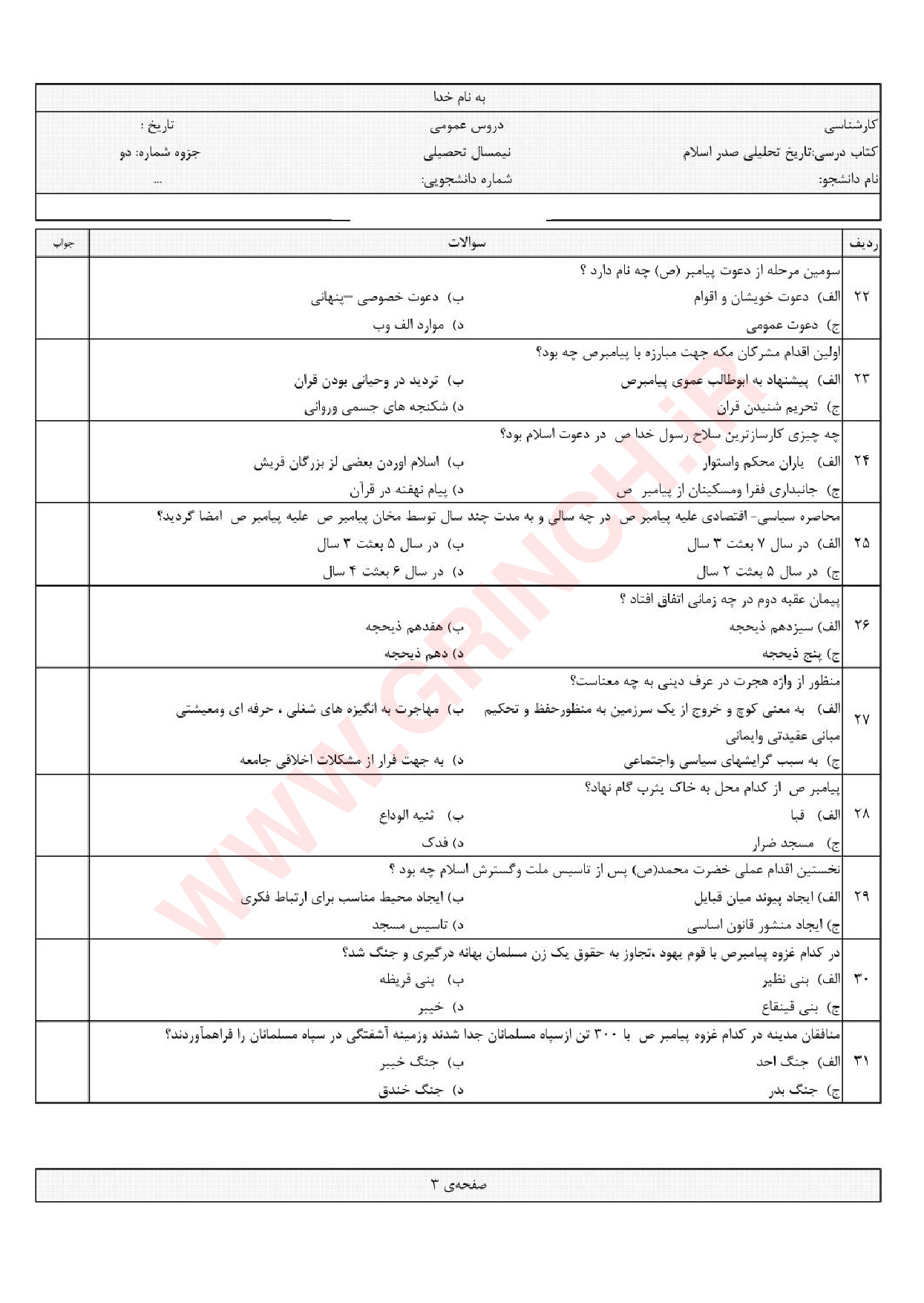 دانلود جزوه و نمونه سوالات تاریخ تحلیلی اسلام محمد نصیری (ویرایش 1403)