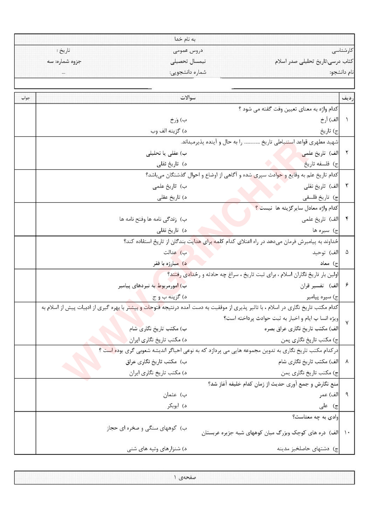 دانلود جزوه و نمونه سوالات تاریخ تحلیلی اسلام محمد نصیری (ویرایش 1403)