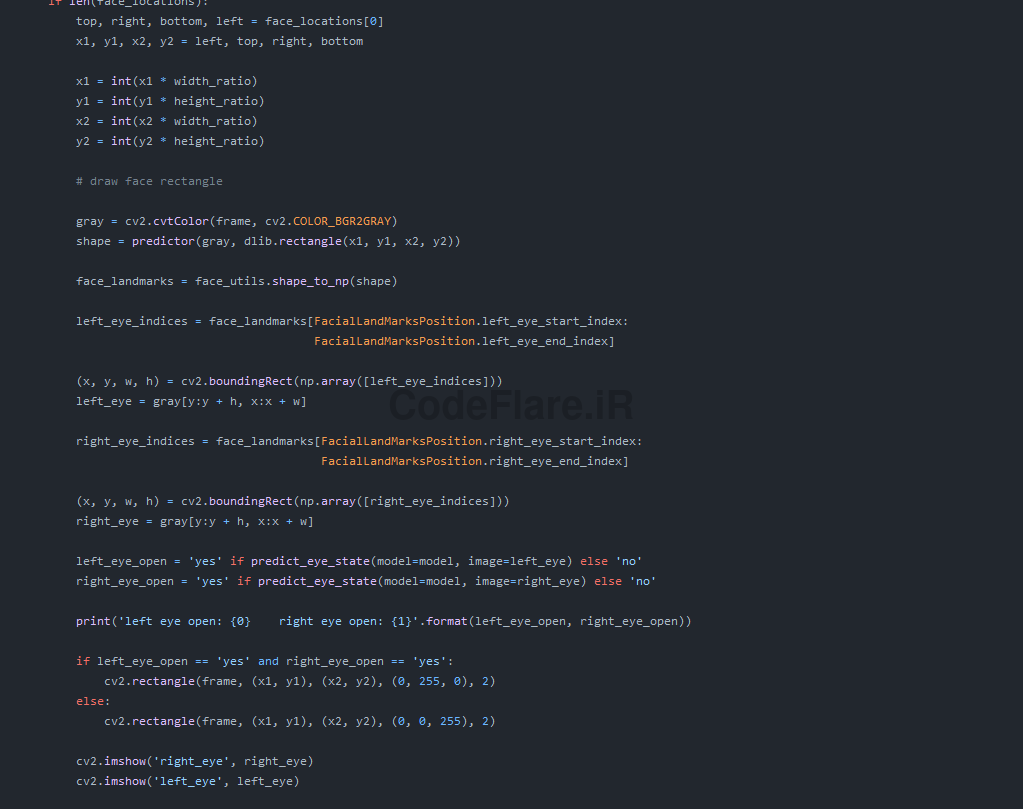 تصویر قسمتی از فایل سورس کد پروژه تشخیص باز و بسته بودن چشم در پایتون