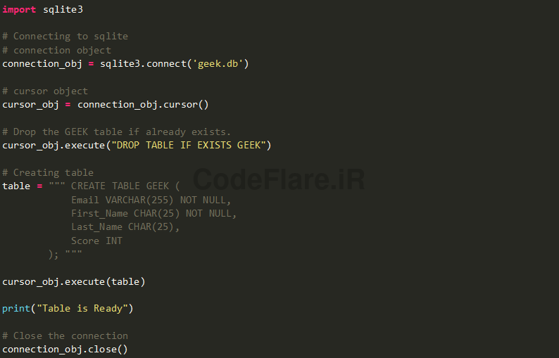 تصویر نمونه کد اتصال به دیتابیس در پایتون