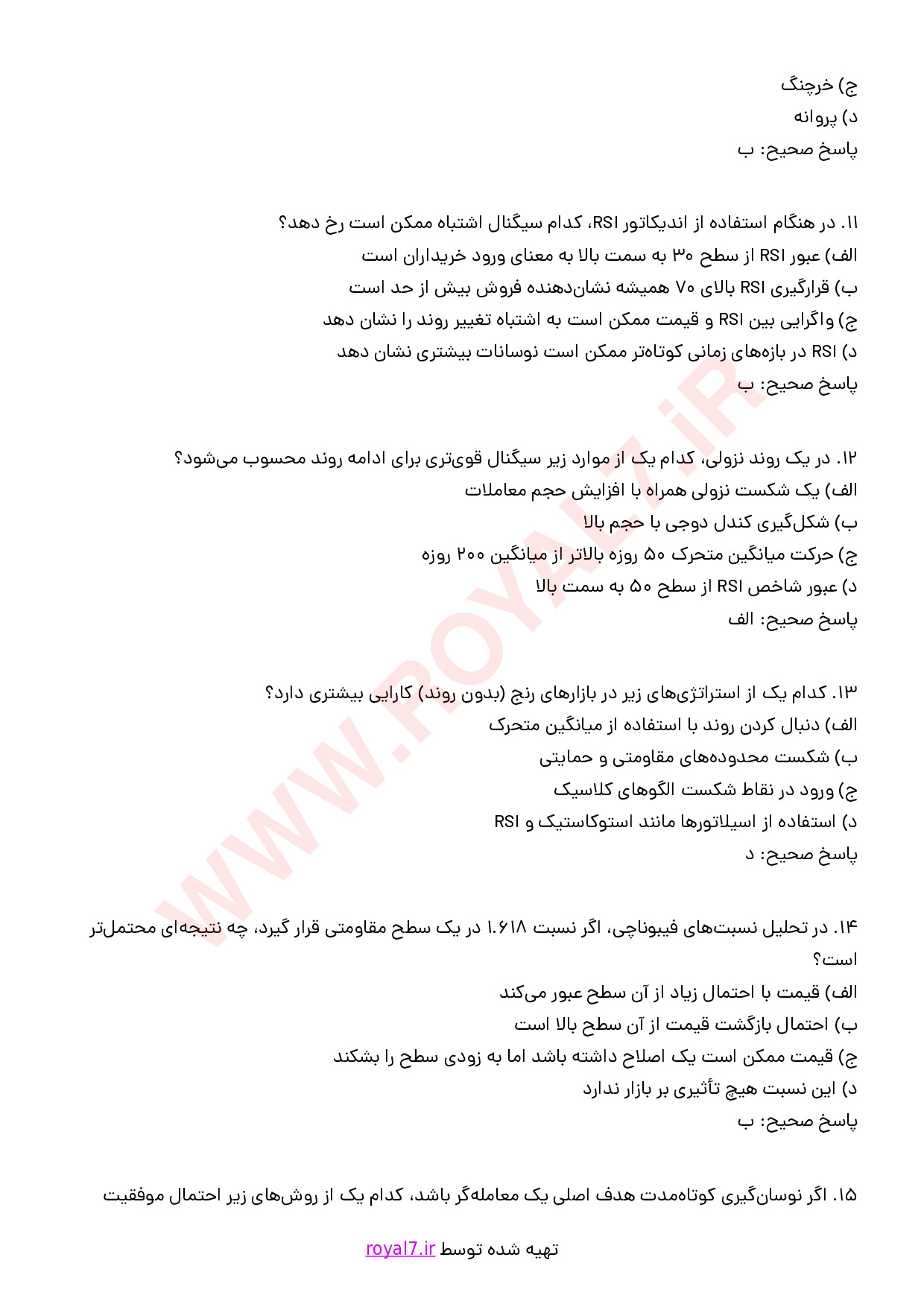 نمونه سوالات تحلیل تکنیکال بورس با جواب