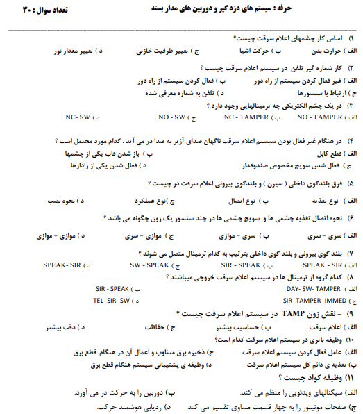 658 سوالات دوربین مداربسته فنی حرفه ای 1403