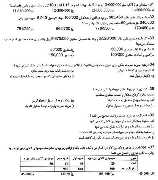 نمونه سوالات رایانه کار حسابداری مالی فنی حرفه ای