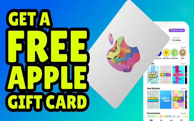 An iphone standing upright next to an apple itunes gift card