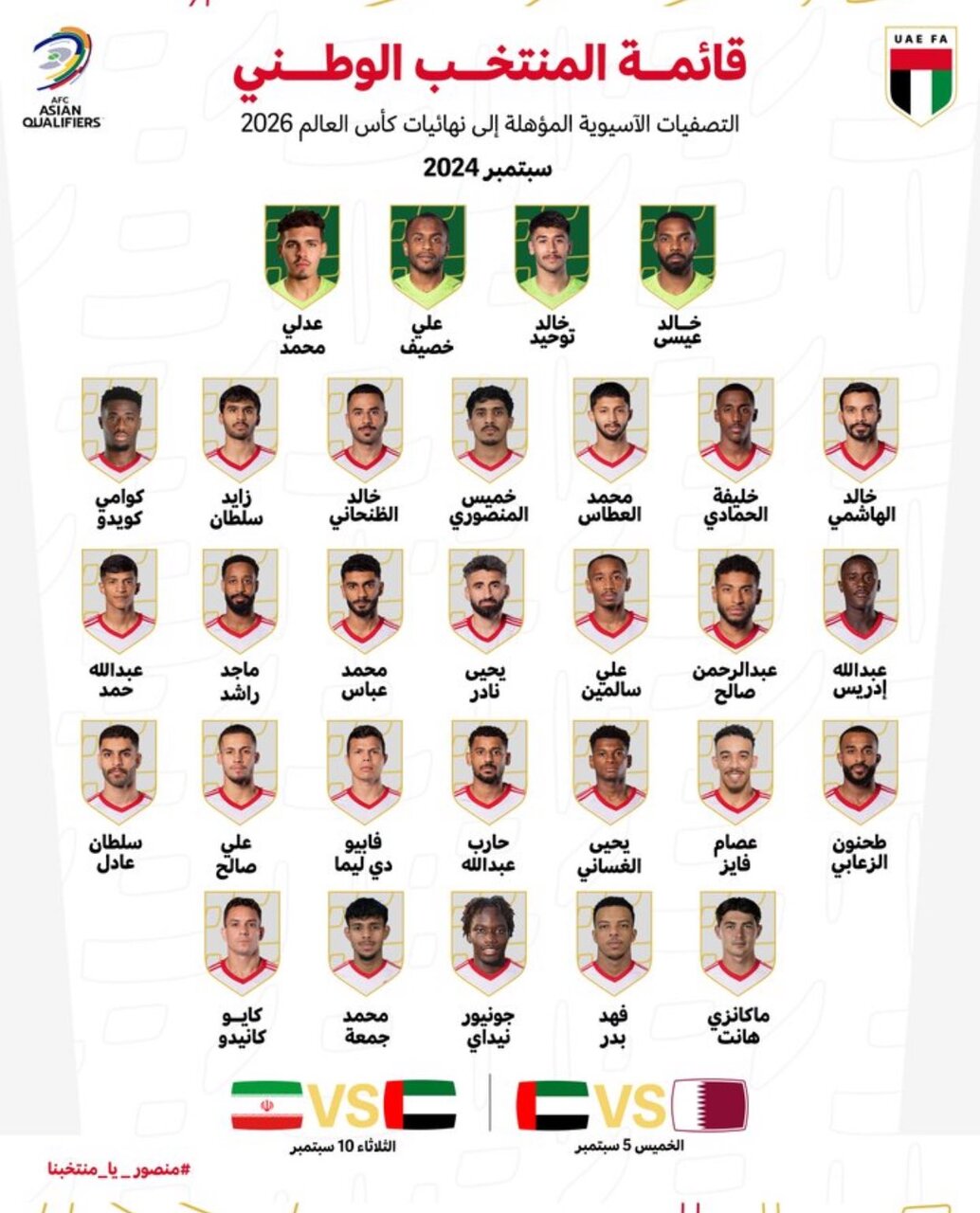 لیست تیم ملی فوتبال امارات برای دیدار با ایران اعلام شد