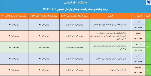 جدول زمان‌بندی حذف و اضافه دانشگاه آزاد