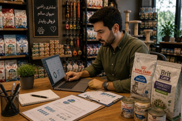 Pet shop owner managing inventory, stock levels and pet products in a modern pet store