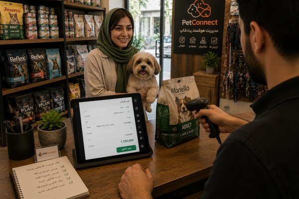 Small pet shop owner managing sales and inventory with a tablet using PetConnect