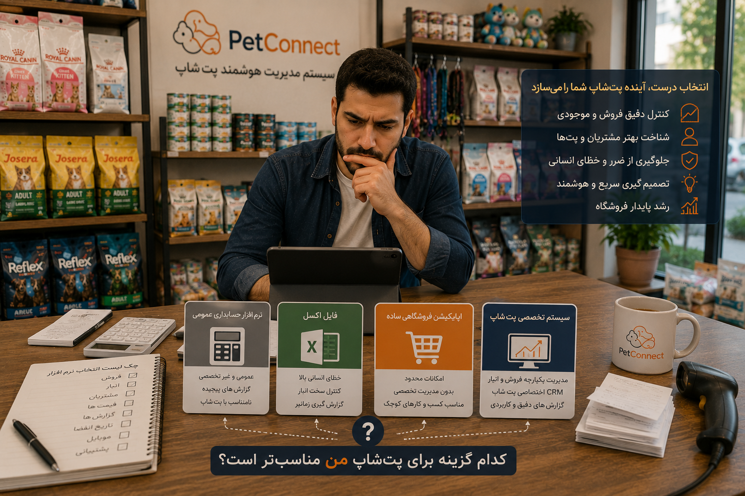 Pet shop owner comparing management software options on a tablet before choosing a pet shop management system