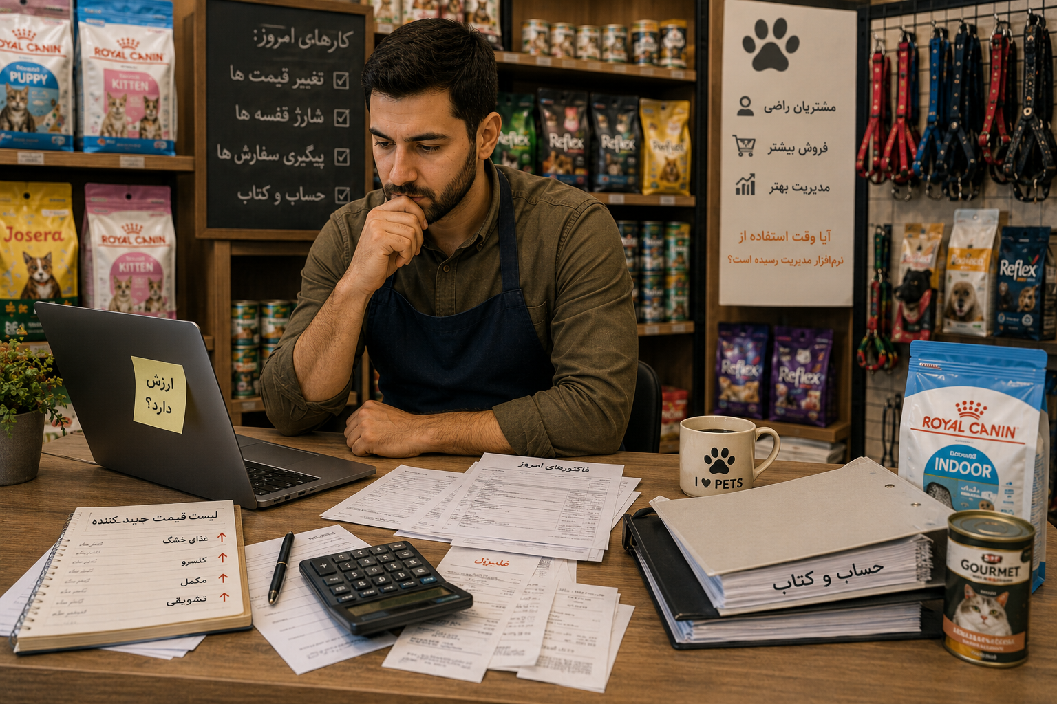 Pet shop owner evaluating software costs and management solutions in a modern pet store
