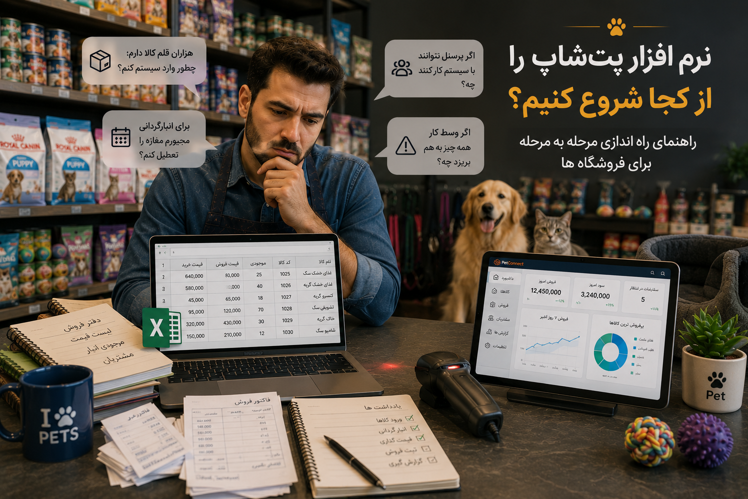 Pet shop owner planning step-by-step setup of pet shop management software