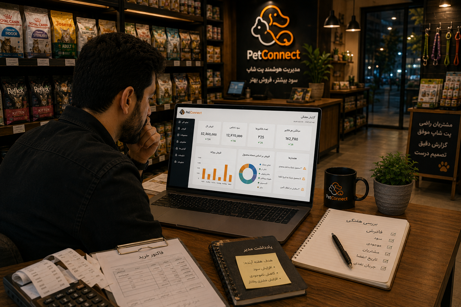 Pet shop owner reviewing weekly management reports and sales dashboard in a modern pet store