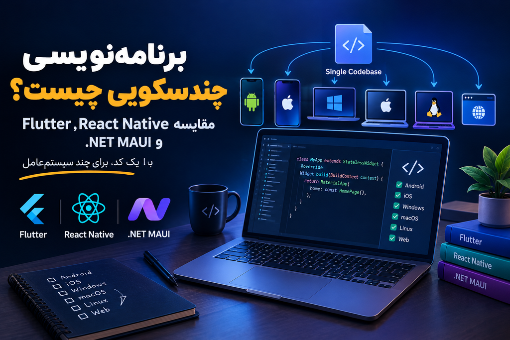 برنامه‌نویسی چندسکویی چیست؟ مقایسه Flutter، React Native و .NET MAUI