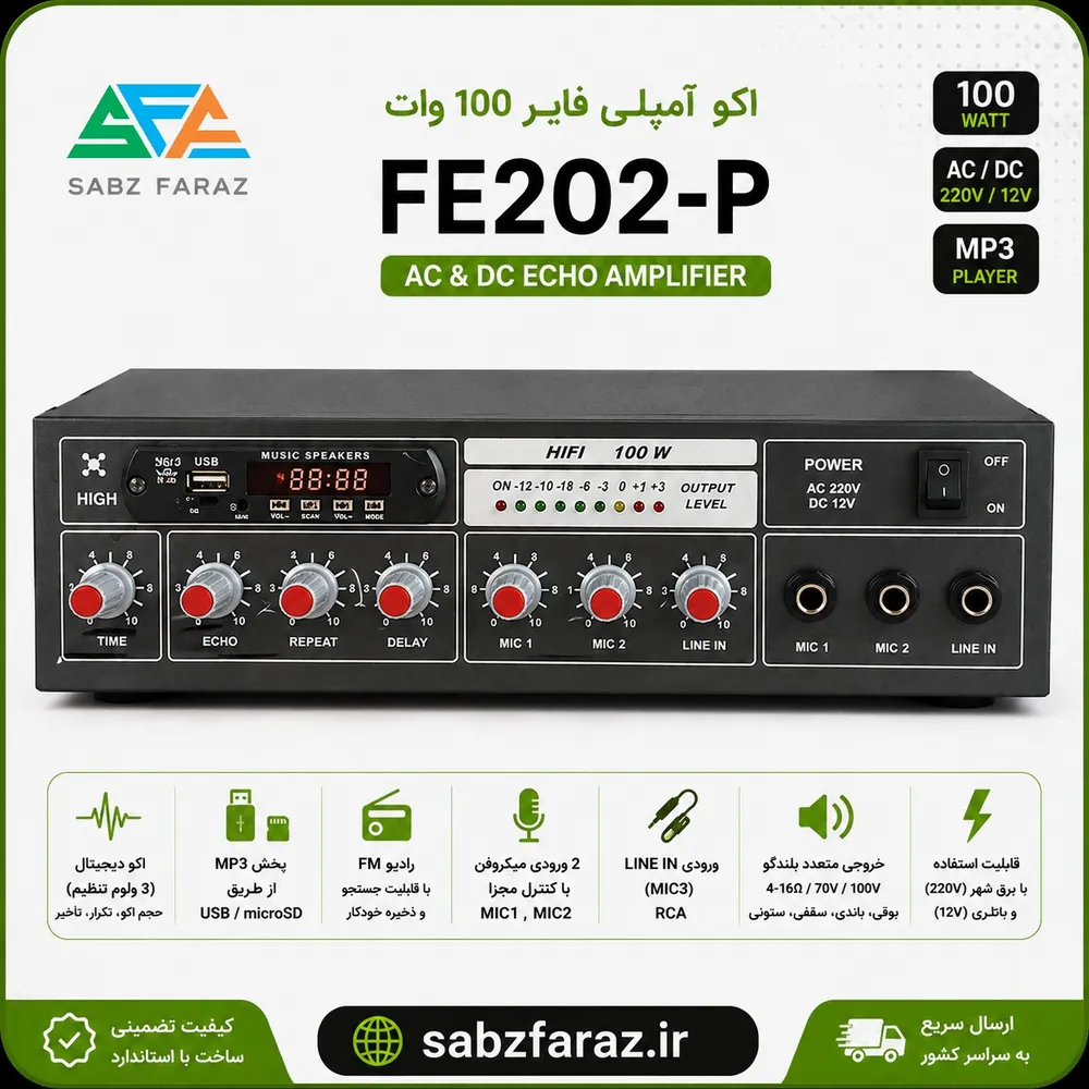 اکو آمپلی فایر 100 وات FE202-P (دارای MP3 Player و رادیو FM)