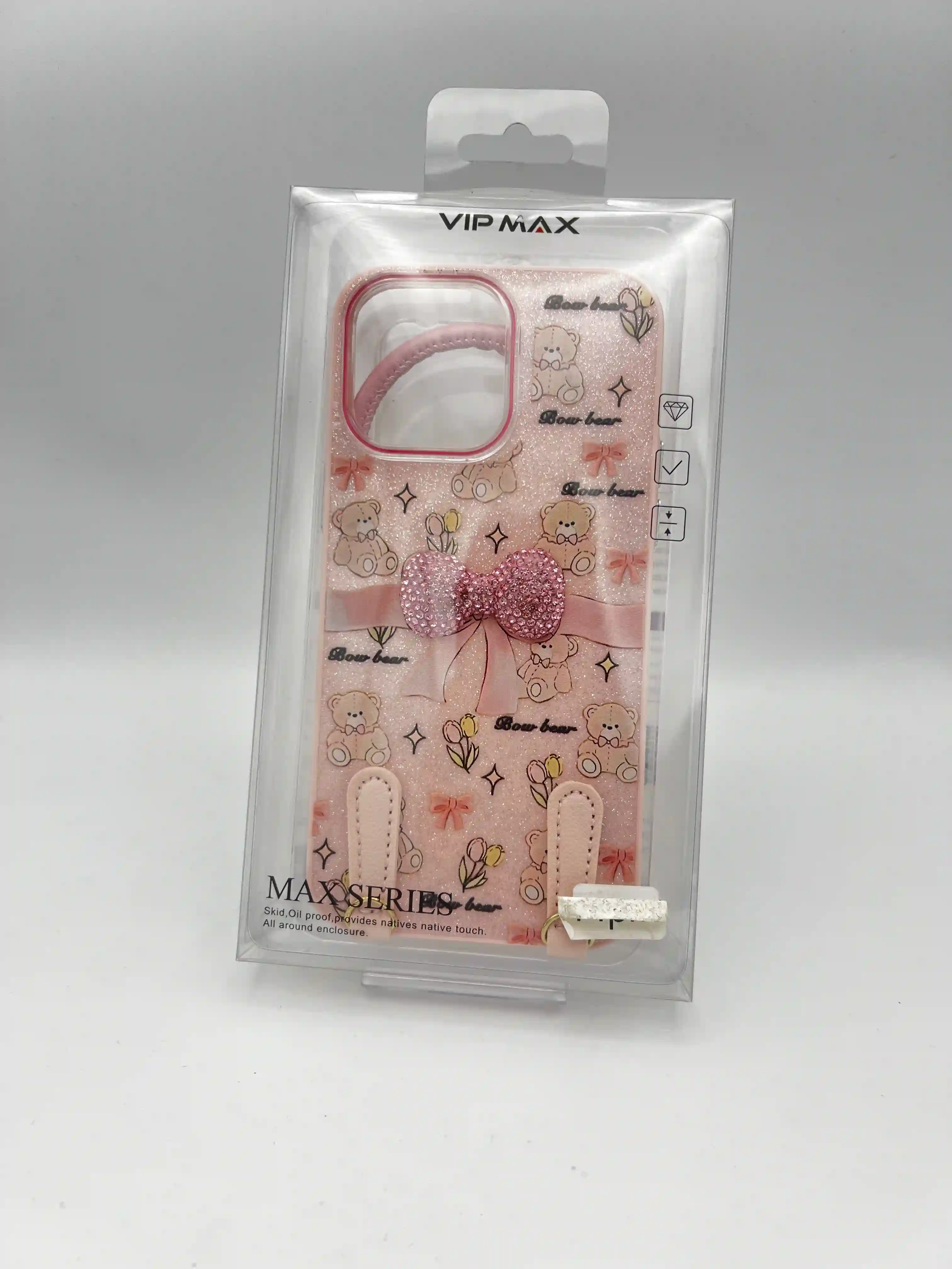 کاور VIP MAX دخترانه طرح خرسی و پاپیون نگین‌دار بندی | قاب صورتی iPhone 14 ProMax