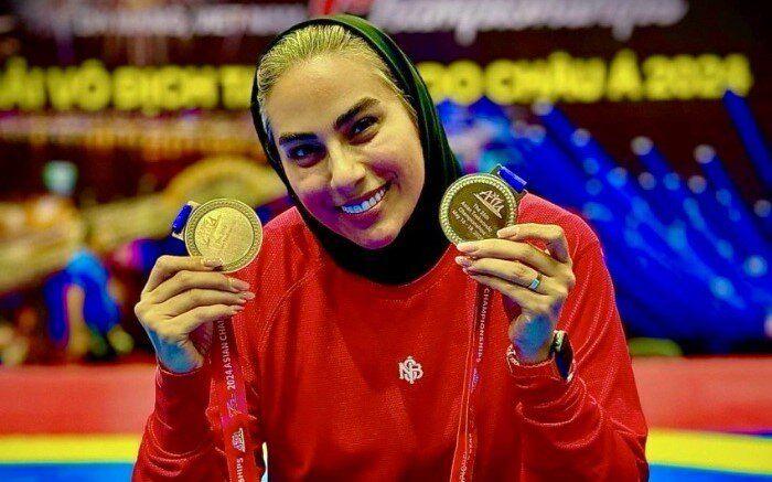 لاکی به رنگ پرچم ایران همراه با سلام نظامی خواهر هادی ساعی در ریاض / عکس