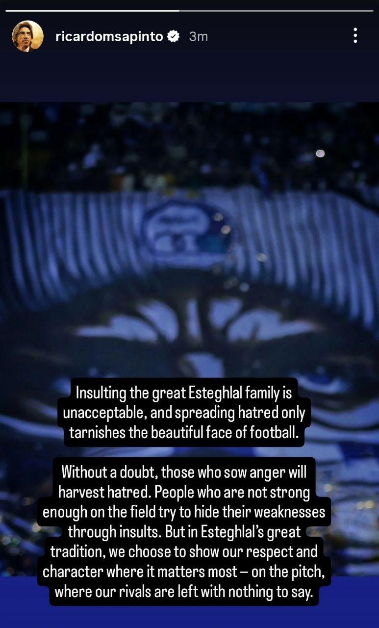 عکس از استوری ریکاردو ساپینتو درخصوص هواداران پرسپولیس