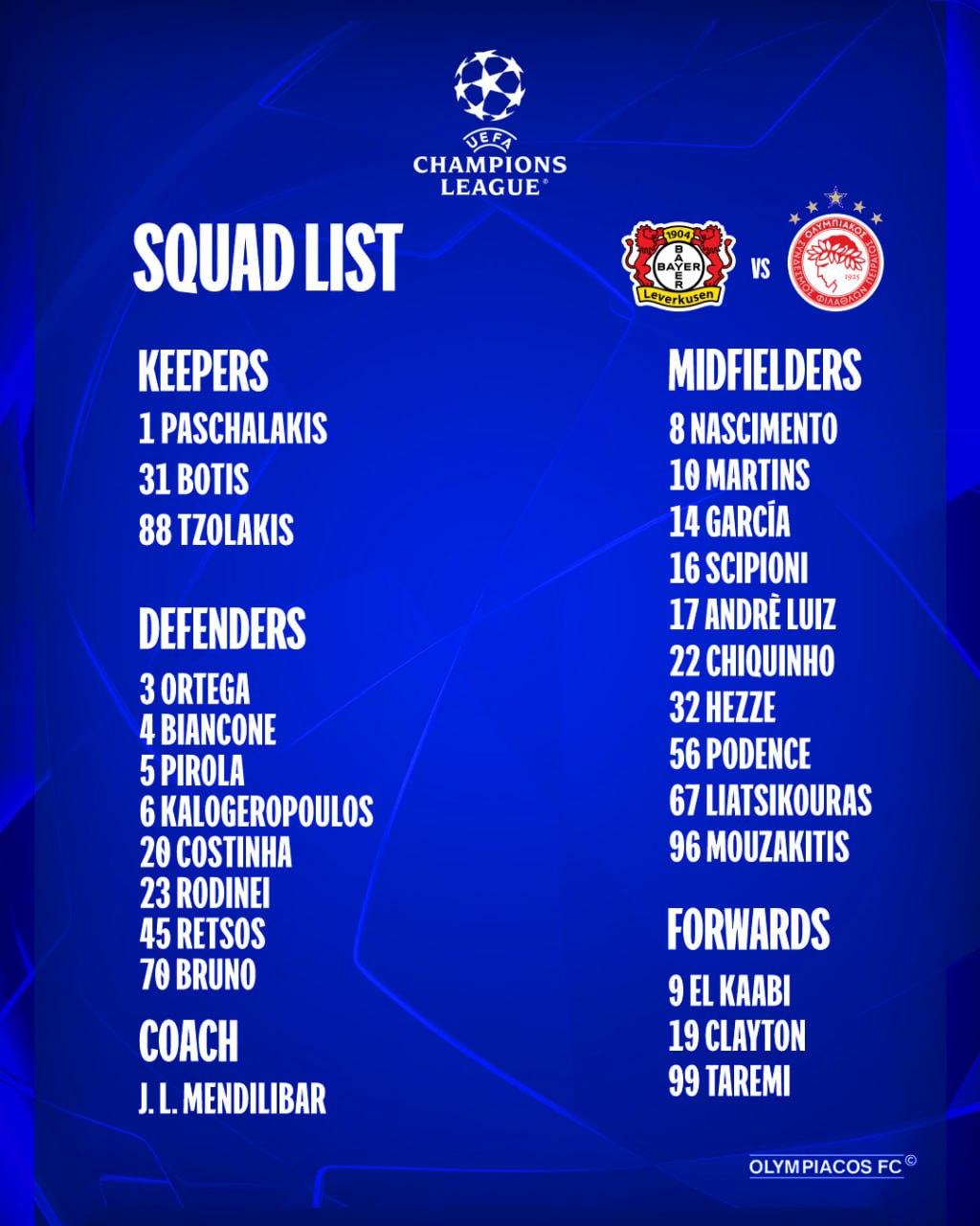 عکس از لیست المپیاکوس برای بازی با بایرلورکوزن