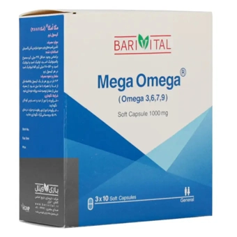 کپسول ژلاتینی نرم مگا امگا 3، 6 ، 7 ، 9 1000 میلی گرم باریج اسانس بسته 30 عددی