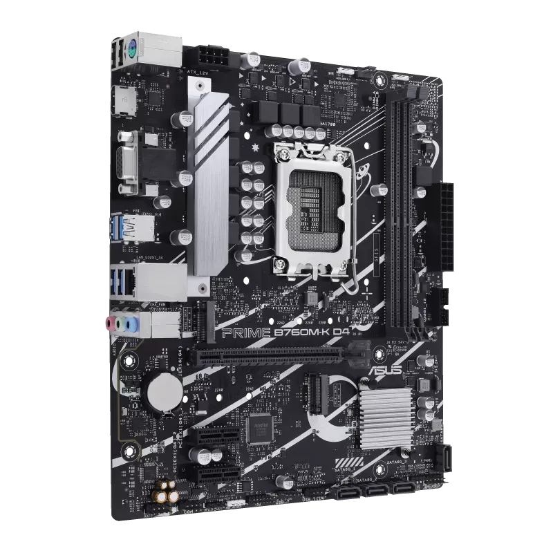Motherboard نمای سه‌ربع مادربرد ASUS Prime B760M-K D4 با چیپست B760، اسلات PCIe و هیت‌سینک نقره‌ای