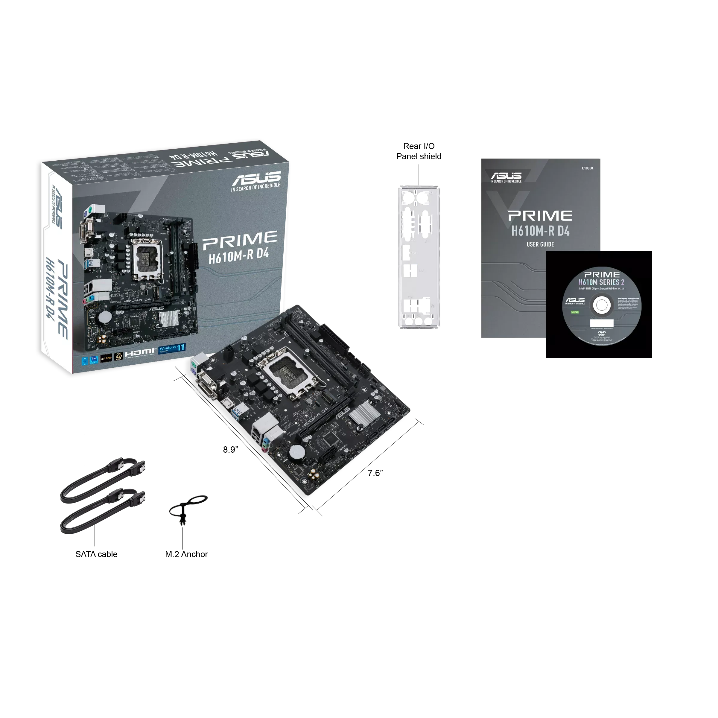 عکس مادربرد PRIME H610M-R D4 به همراه جعبه و اقلام داخل بسته تصویر کامل مادربرد ASUS PRIME H610M-R D4 همراه بستهبندی