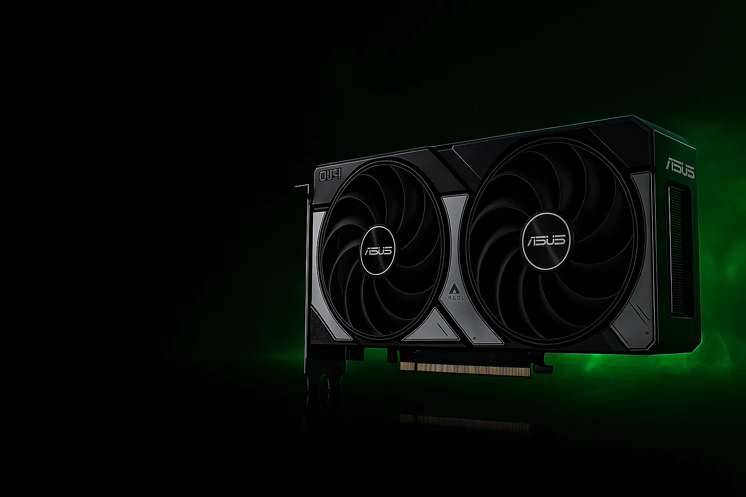 بنر گرافیکی کارت گرافیک ASUS Dual GeForce RTX 5070 با پسزمینه مشکی و نور سبز بنر گرافیکی کارت گرافیک ASUS Dual GeForce RTX 5070 با پسزمینه مشکی و نور سبز