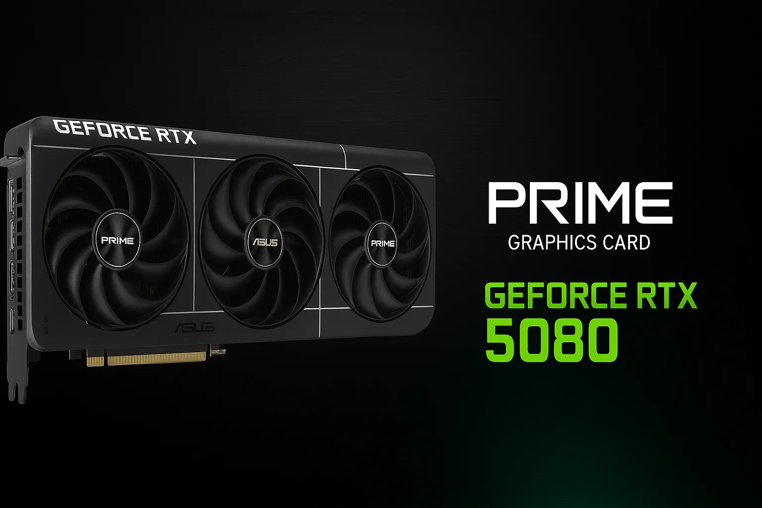 ASUS PRIME GeForce RTX 5080 – بنر تیره و حرفهای کارت گرافیک ایسوس با طراحی پیشرفته و نورپردازی برند NVIDIA بنر تیره کارت گرافیک ASUS PRIME GeForce RTX 5080 با نورپردازی سبز و طراحی صنعتی مدرن