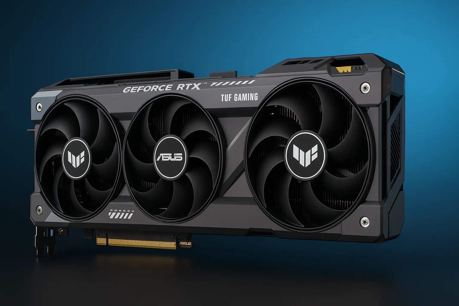 بنر کارت گرافیک ASUS TUF Gaming GeForce RTX 5080 با طراحی تیره و جلوه نئونی