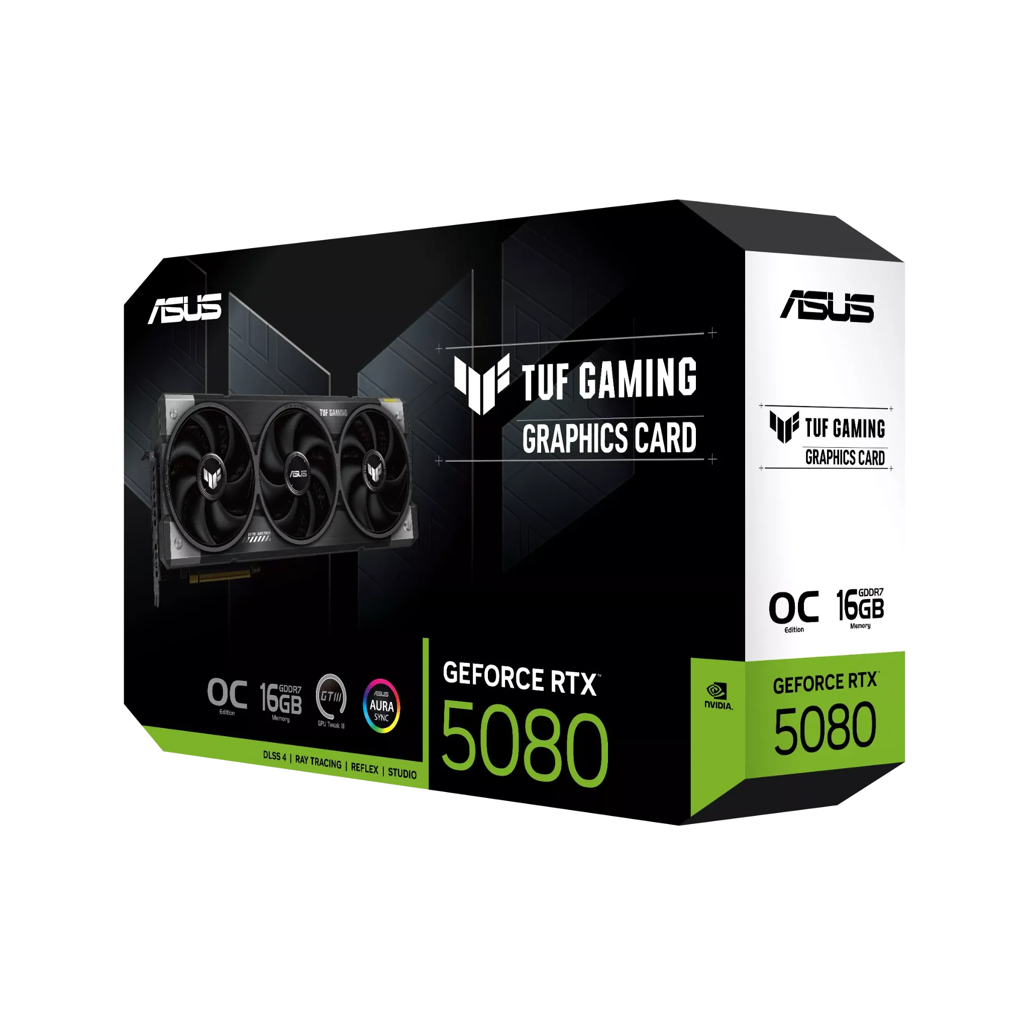 ASUS TUF Gaming GeForce RTX 5080 16GB GDDR7 OC Edition – بستهبندی رسمی کارت گرافیک ایسوس TUF جعبه کارت گرافیک ASUS TUF Gaming GeForce RTX 5080 با طراحی مشکی و سبز و نشان OC Edition