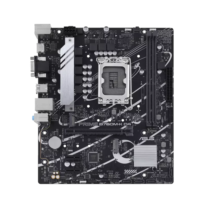 نمای کامل از بالا مادربرد ASUS Prime B760M-K D4 با سوکت LGA1700، دو اسلات رم DDR4 و درگاه‌های توسعه