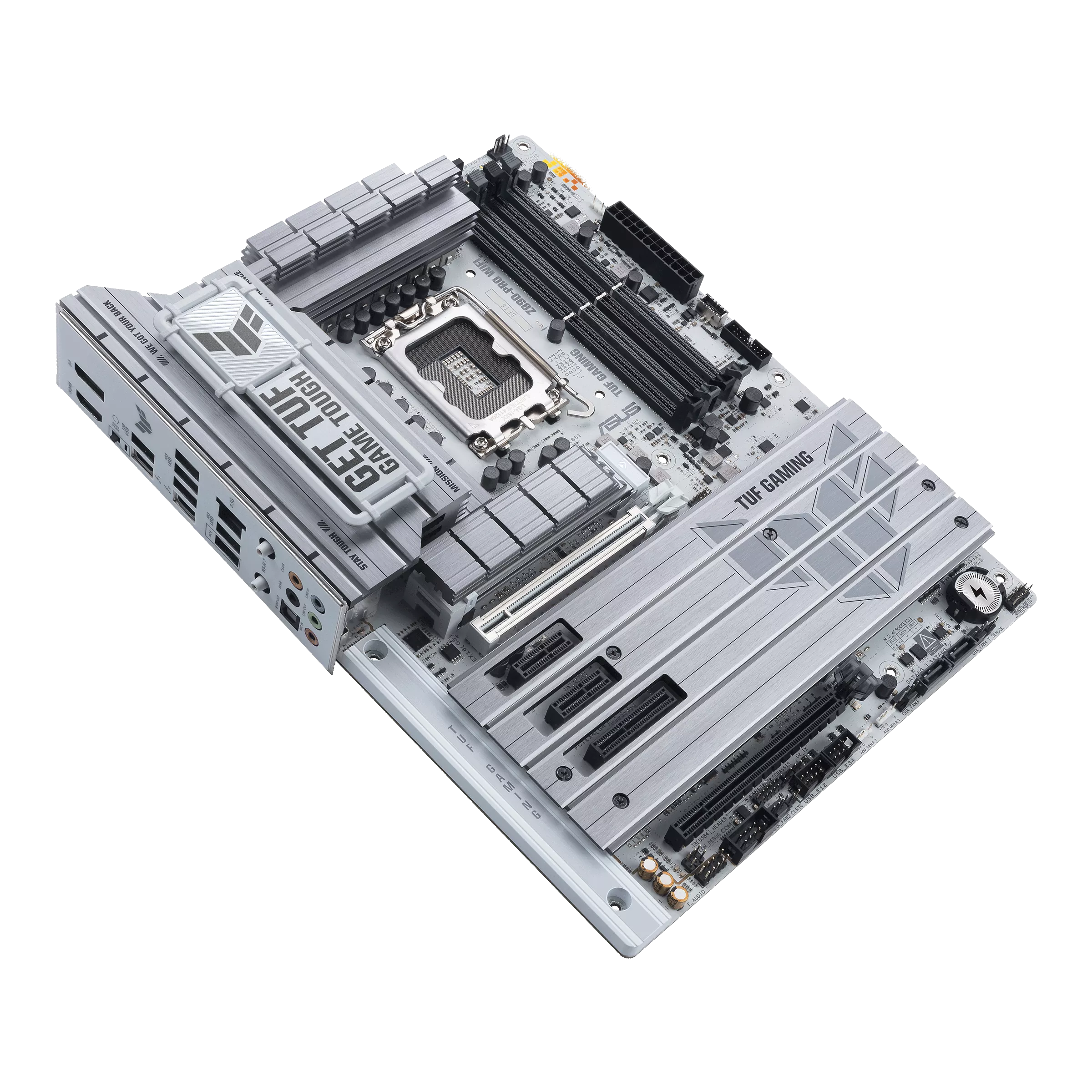 نمای کامل مادربرد ایسوس TUF GAMING Z890-PRO WIFI از بالا با سوکت LGA1851 و چهار اسلات DDR5