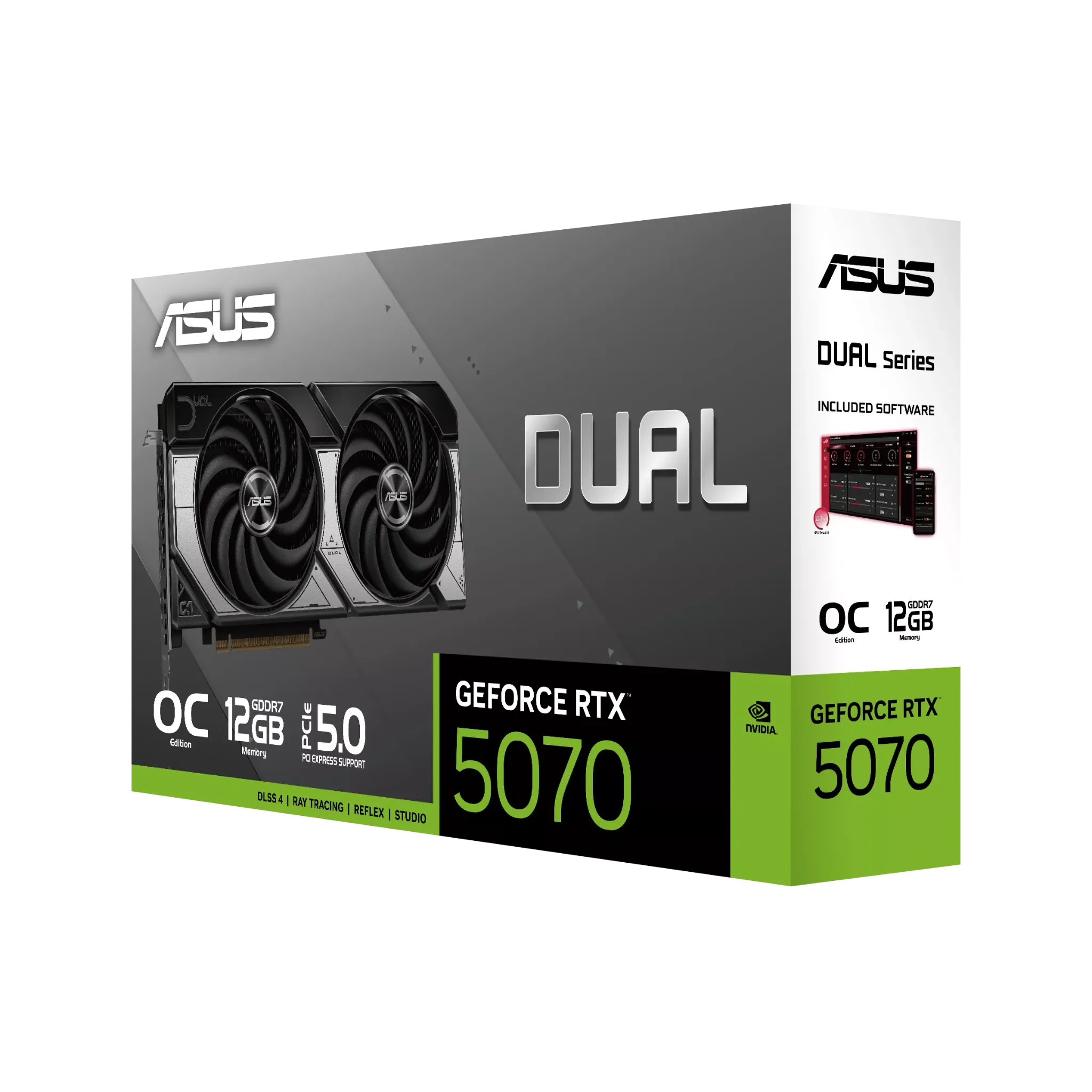 ASUS Dual GeForce RTX 5070 – نمای بستهبندی کارت گرافیک ایسوس با حافظه 12 گیگابایت و فناوری PCIe 5.0 جعبه کارت گرافیک ASUS Dual GeForce RTX 5070 با طراحی سری Dual و حافظه 12GB GDDR7