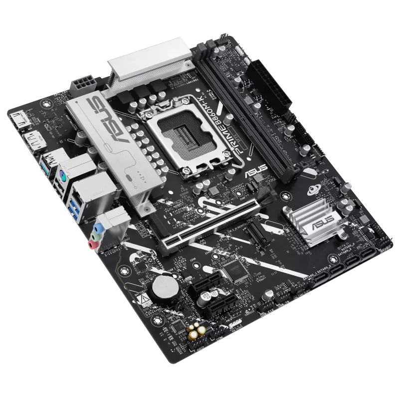 مادربرد ASUS Prime B860M-K نمای زاویهدار مادربرد ASUS Prime B860M-K با سوکت LGA1851، اسلاتهای رم و هیتسینکهای نقرهای