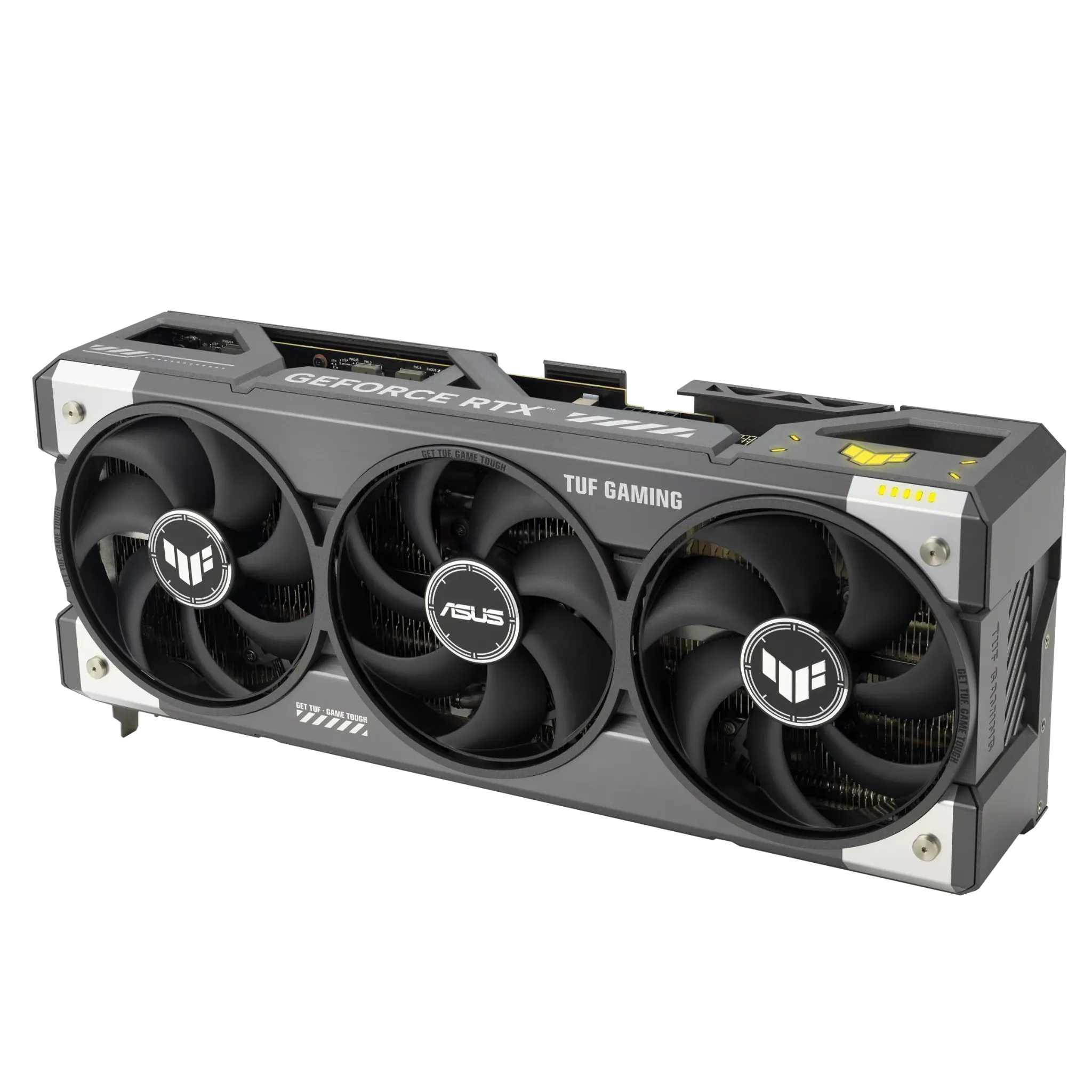 ASUS TUF Gaming GeForce RTX 5080 16GB GDDR7 OC Edition – نمای زاویهای کارت گرافیک ایسوس برای بازی و رندر کارت گرافیک ASUS TUF Gaming GeForce RTX 5080 با طراحی سه فن و عملکرد بهینه برای گیمینگ حرفهای
