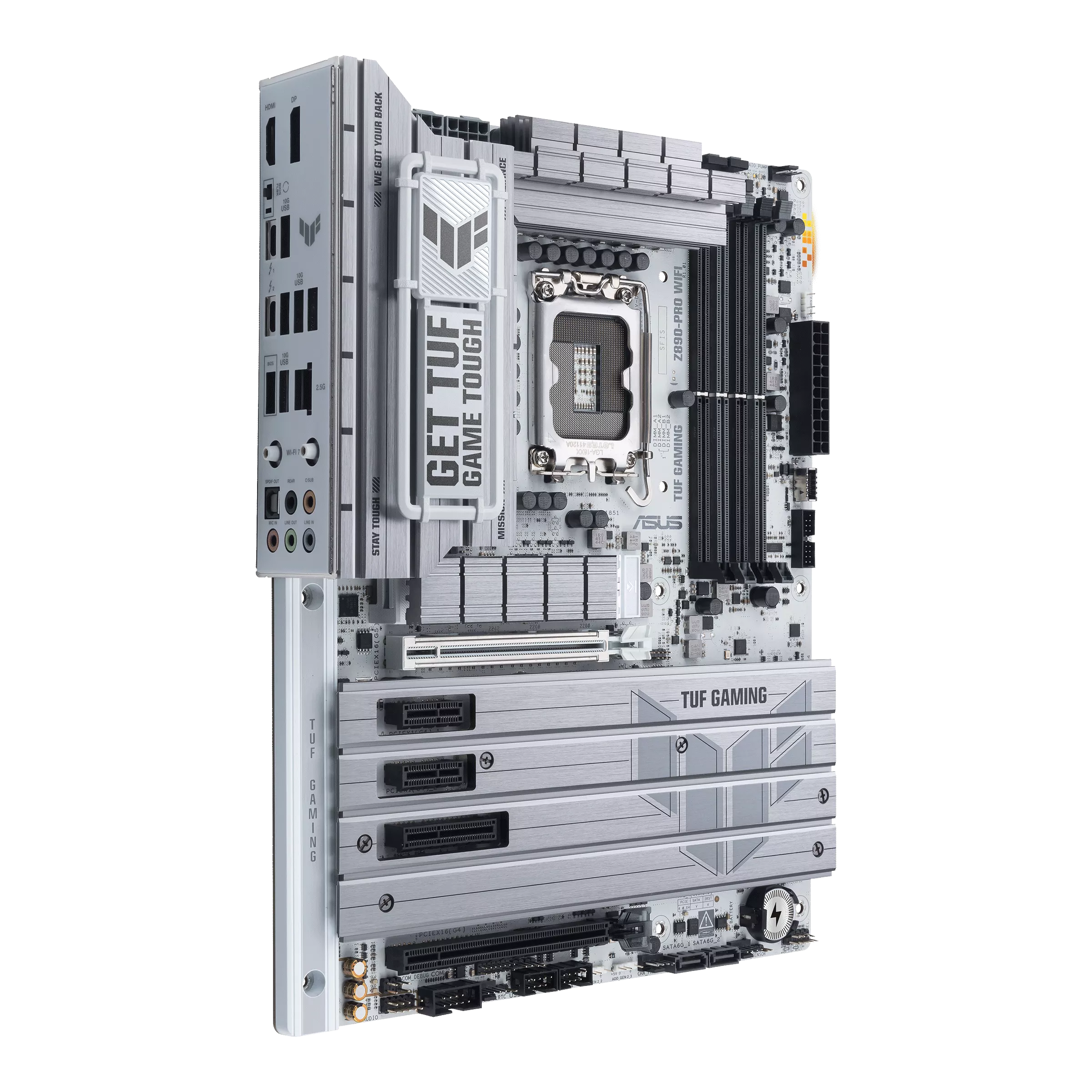 ASUS TUF GAMING Z890-PRO WIFI Left Side View نمای سمت چپ مادربرد ASUS TUF GAMING Z890-PRO WIFI با هیتسینکهای TUF و طراحی نقرهای