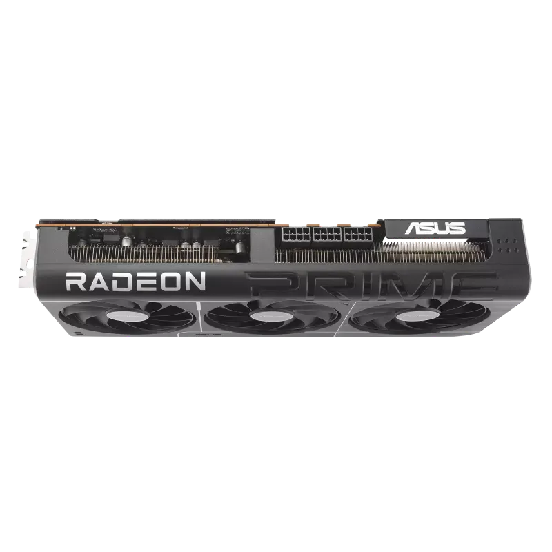 نمای سهبعدی ASUS Prime Radeon RX 9070 XT نمای زاویهدار کارت گرافیک ASUS Prime RX 9070 XT OC با سه فن Axial-tech