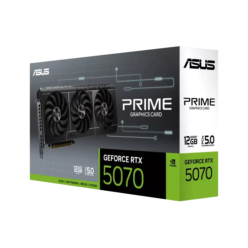 بستهبندی ASUS PRIME RTX 5070 12GB کارت گرافیک ASUS PRIME GeForce RTX 5070 12GB GDDR7 در کنار جعبه محصول