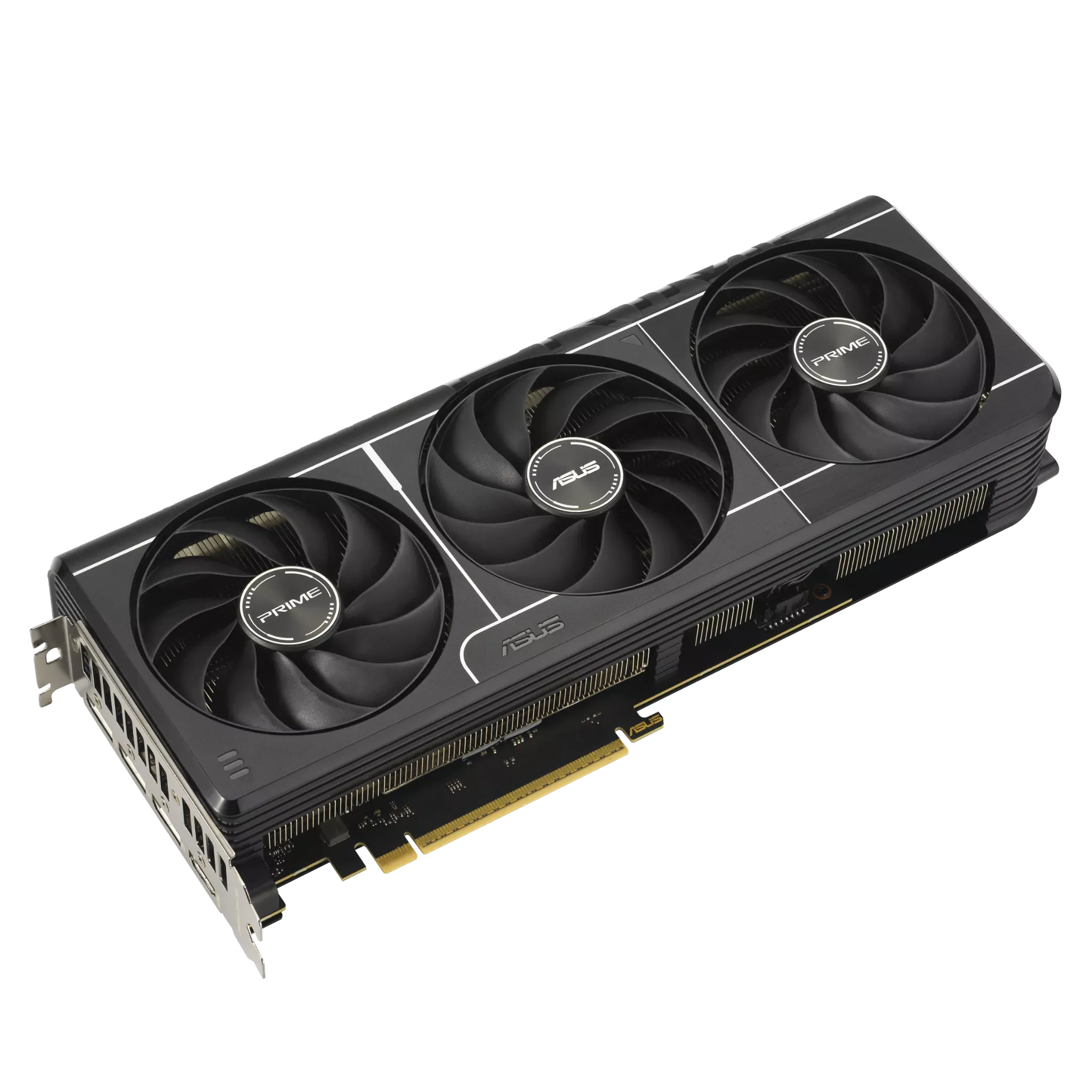 ASUS PRIME RTX 5080 OC Edition – نمای جانبی از کارت گرافیک سه فن ایسوس با طراحی حرفهای برای گیمینگ و تولید محتوا کارت گرافیک ASUS PRIME GeForce RTX 5080 16GB GDDR7 OC Edition با طراحی سه فن از زاویه جانبی