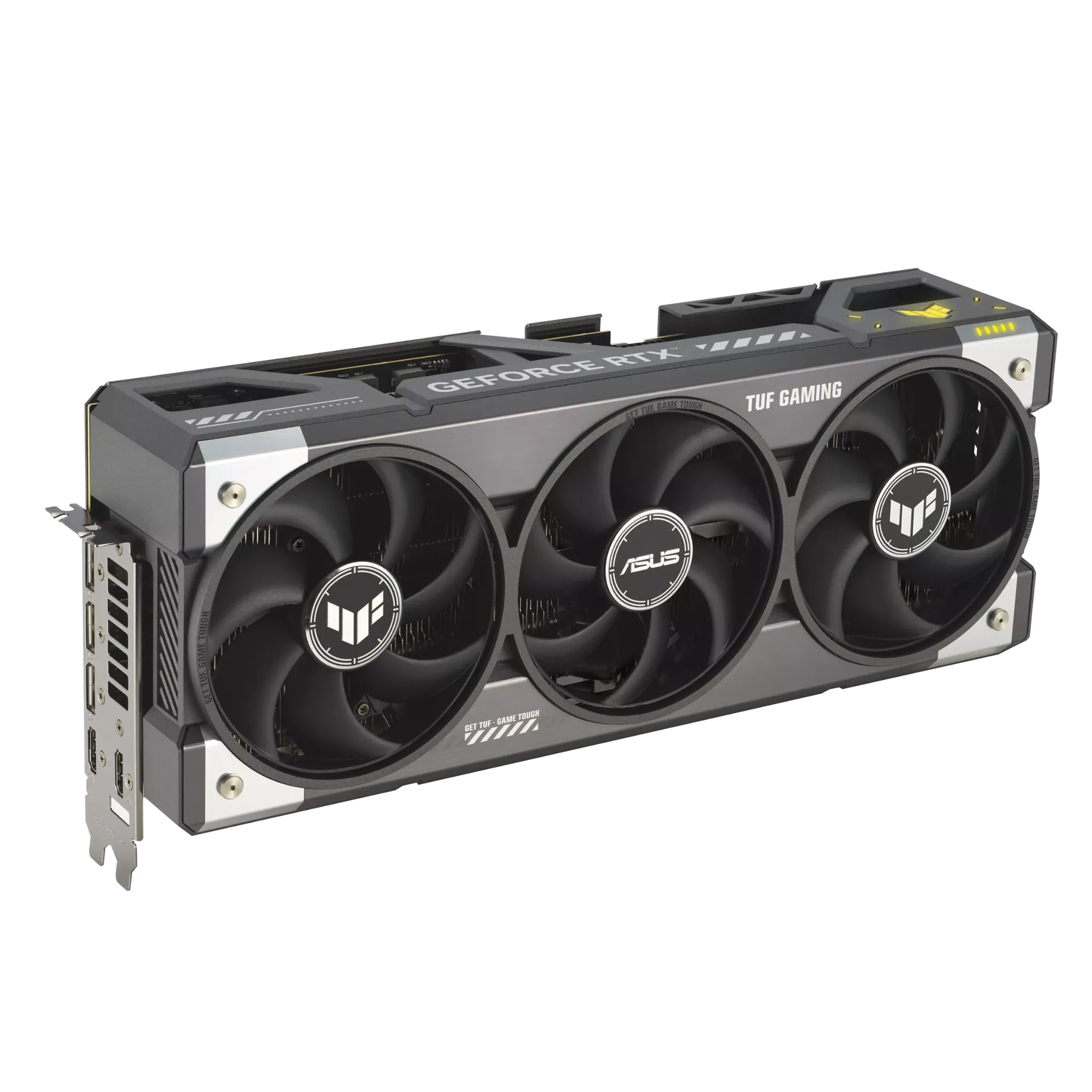 ASUS TUF Gaming GeForce RTX 5080 16GB GDDR7 OC Edition – نمای جانبی کارت گرافیک ایسوس برای گیمرهای حرفهای کارت گرافیک ASUS TUF Gaming GeForce RTX 5080 با طراحی سه فن قدرتمند برای عملکرد پایدار در گیمینگ