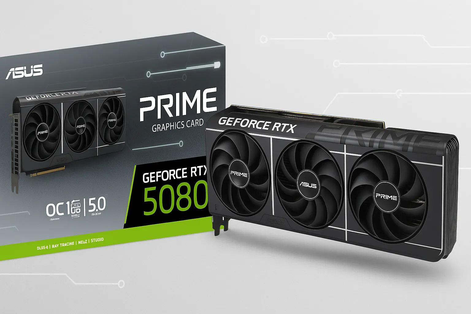 ASUS PRIME GeForce RTX 5080 – بنر رسمی کارت گرافیک ایسوس با طراحی پیشرفته و رنگبندی برند NVIDIA بنر کارت گرافیک ASUS PRIME GeForce RTX 5080 با طراحی مدرن، پسزمینه متالیک و نورپردازی سبز برند NVIDIA