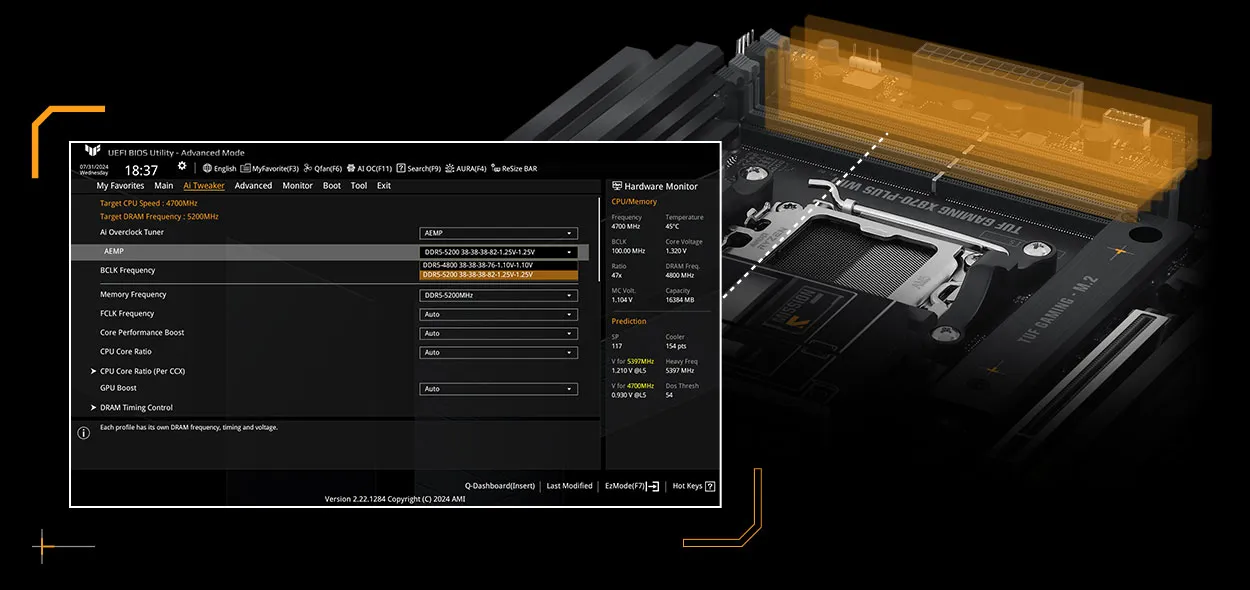 ASUS TUF GAMING B860-PLUS WIFI – Professional Workspace مادربرد ASUS TUF GAMING B860-PLUS WIFI در محیط کاری و طراحی با مانیتور و کیس مینیمال