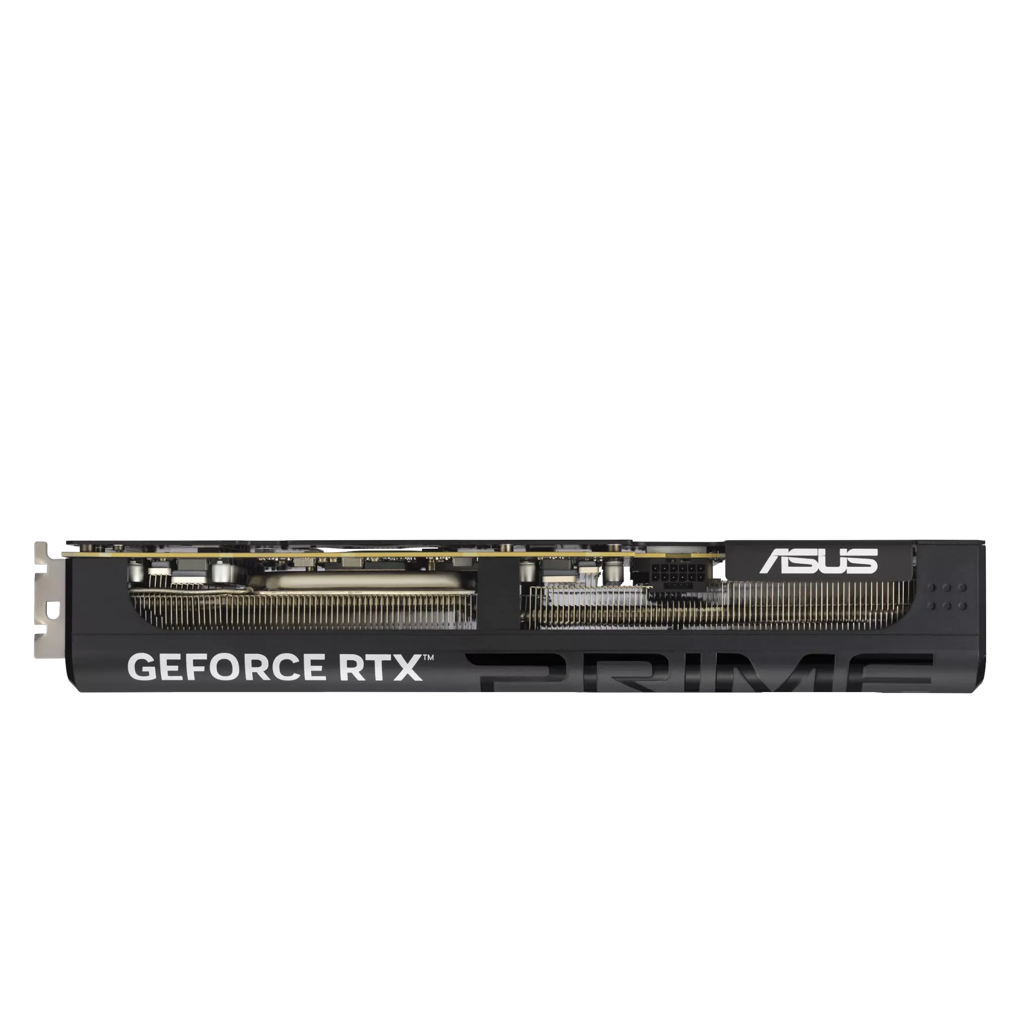 ASUS PRIME RTX 5080 OC Edition – نمای جانبی کارت گرافیک ایسوس با طراحی حرفهای و سیستم خنککننده قدرتمند نمای جانبی کارت گرافیک ASUS PRIME GeForce RTX 5080 با طراحی خنککننده پیشرفته و لوگوی PRIME