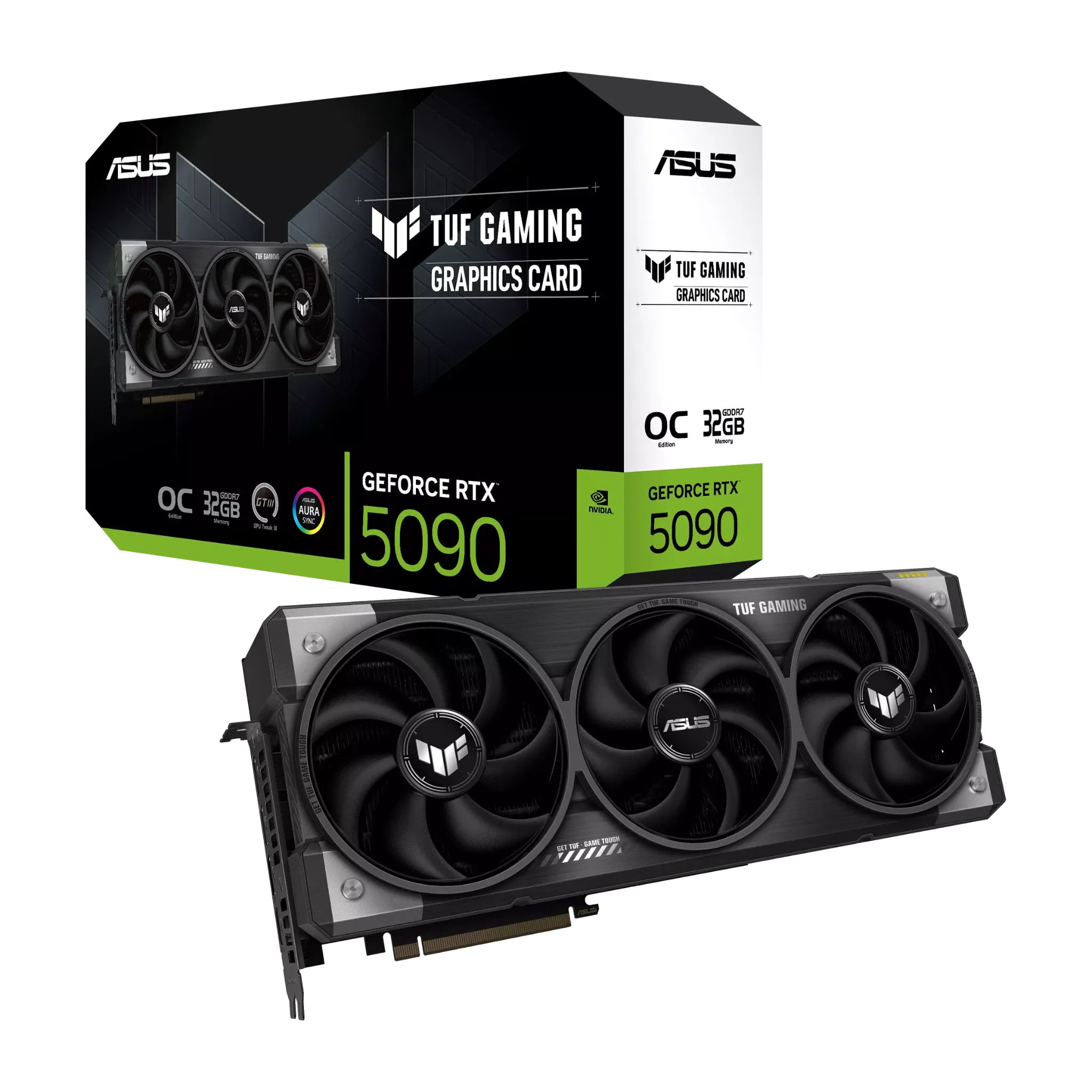 ASUS TUF Gaming RTX 5090 OC Graphics Card with Retail Box – Triple-Fan Design کارت گرافیک ASUS TUF Gaming GeForce RTX 5090 OC به همراه جعبه محصول با طراحی سهفن